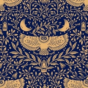 Night Owl Folk Art in Gold and Deep Blue 