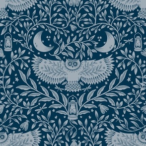 Night Owl Folk Art in Monochrome Blue 