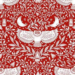 Night Owl Folk Art in Red and White