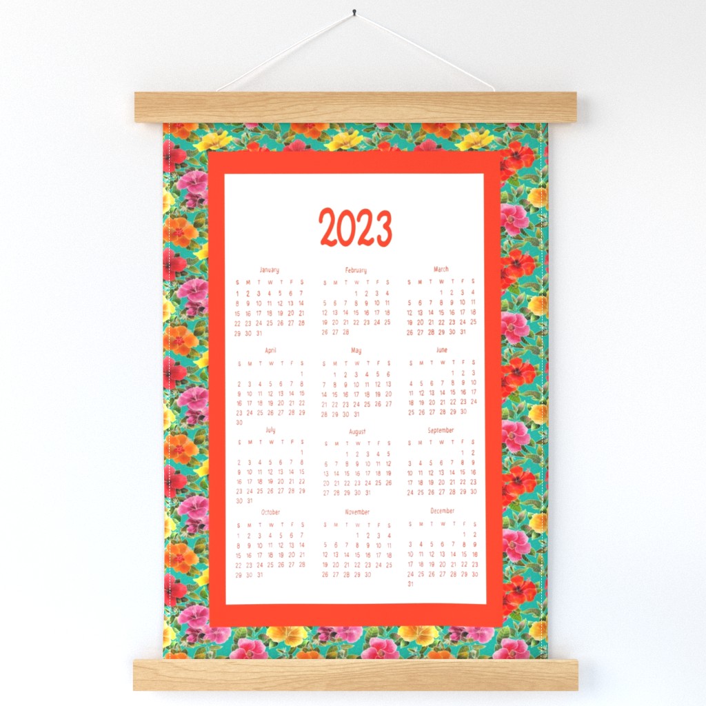 Hibiscus Garden Wall Calendar with Red Lettering Wall Hanging