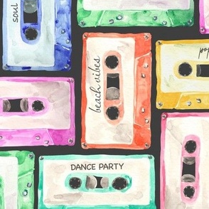 Colorful cassettes watercolors dark background