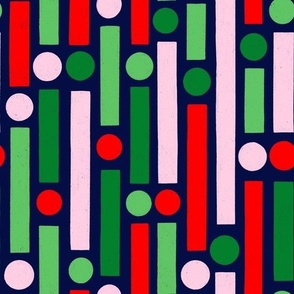 Christmas Stripes and dots in  green, red, pink on a navi blue background