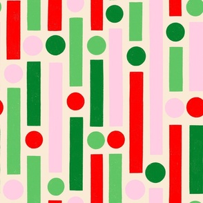 Christmas Stripes and dots in pink, green, red on a cream background