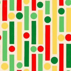 Christmas Stripes and dots in yellow, green, red on a cream background