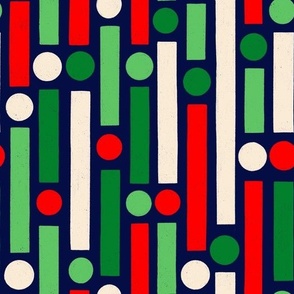 Christmas Stripes and dots in  green, red, cream on a navi blue background