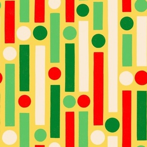 Christmas Stripes and dots in cream, green, red on an yellow background