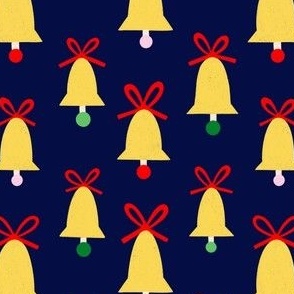 Yellow Christmas Bells as a Polka Dot Pattern on dark blue background