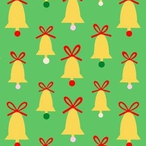 Yellow Christmas Bells as a Polka Dot Pattern on green background