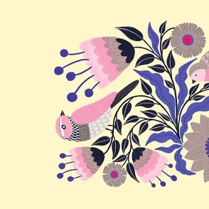 Folk Art Birds and Blooms Tea-Towel - pastel colours - pink, beige, purple