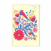 Folk Art Birds and Blooms Tea-Towel - red, blue, purple