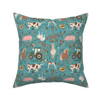 Farm days - animals and vegetables |turquoise |  Medium scale 8inch  repeat