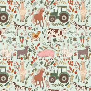 Farm days - animals tractor and vegetables | pale aqua | Large 12inch  scale repeat fabric