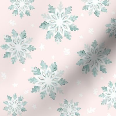 Snowflakes, Light Rose, Pink, Light Teal, Sea Glass, Blue, Retro, Christmas, jg_anchor_designs