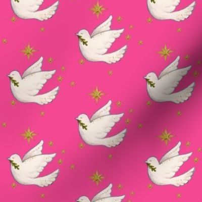 Dove on pink with gold stars for Christmas or Holiday creations and decor