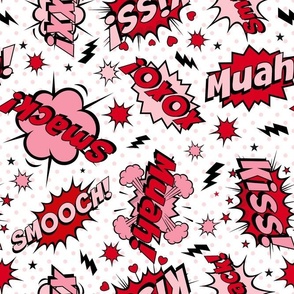 Large Scale Valentine Comic Bubbles Kiss! Muah! Smack! XOXO! on White