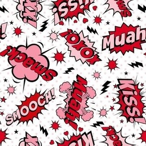 Medium Scale Valentine Comic Bubbles Kiss! Muah! Smack! XOXO! on White