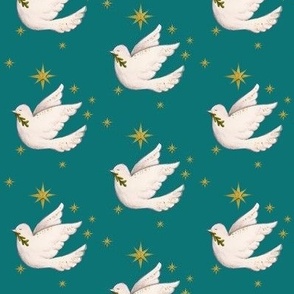Dove on pine green with gold stars for Christmas or Holiday creations and decor