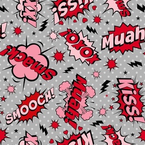 Large Scale Valentine Comic Bubbles Kiss! Muah! Smack! XOXO! on Grey