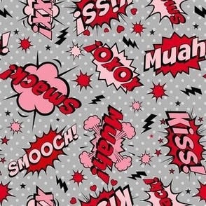 Medium Scale Valentine Comic Bubbles Kiss! Muah! Smack! XOXO! on Grey
