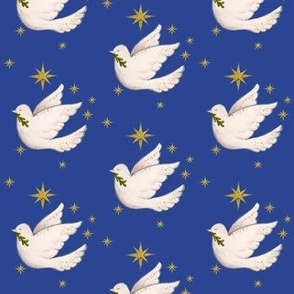 Doves on dark blue with  gold stars for Christmas or Holiday creations and decor