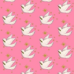 Christmas doves on pink with gold stars, 