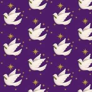 Christmas doves on purple with gold stars