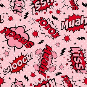 Large Scale Valentine Comic Bubbles Kiss! Muah! Smack! XOXO! on Pink