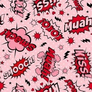 Medium Scale Valentine Comic Bubbles Kiss! Muah! Smack! XOXO! on Pink