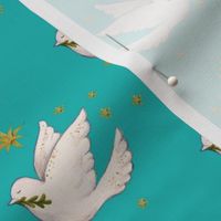 Dove on teal Christmas fabric with stars 