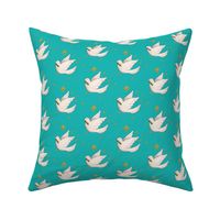 Dove on teal Christmas fabric with stars 