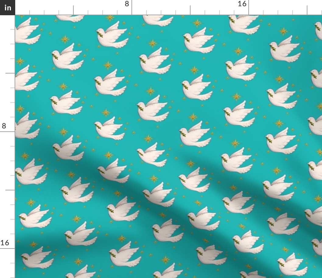 Dove on teal Christmas fabric with stars 