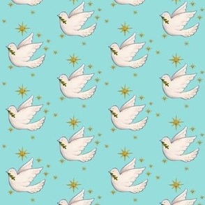 Christmas doves on pale blue with gold stars