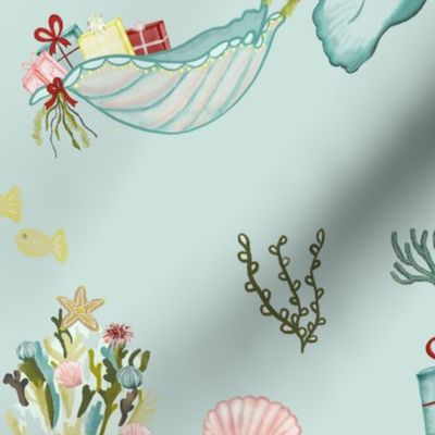 Retro Christmas, Manatee, Sleigh, Beach, Sea Glass, Green, Blue, Retro, Christmas, jg_anchor_designs