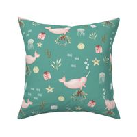Narwhal, Christmas, Wreath, Teal, Green, Pink, jg_anchor_designs