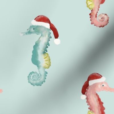 Seahorses, Christmas, Stockings, Sea Glass, Aqua, Blue, Green, Pink, Red, jg_anchor_designs, #Christmas #Beach #Coastal #Seahorse