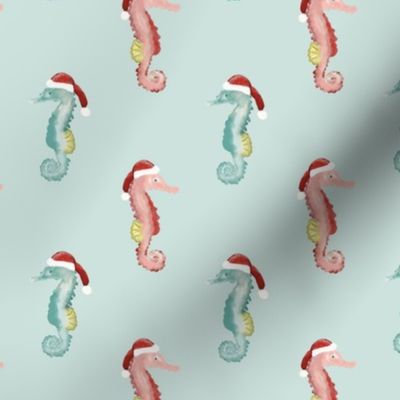 Seahorses, Christmas, Stocking, Sea Glass, Aqua, Blue, Teal, Green, Pink, Red, small print, jg_anchor_designs, #Christmas #Coastal #Beach #Seahorse