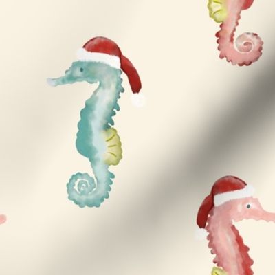 Christmas, Seahorses, Beach, Coastal, Stockings, Ivory, Sea Glass, Blue, Pink, jg_anchor_designs, seahorse, #Christmas #Coastal #Beach #Seahorse