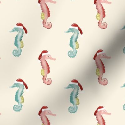 Seahorses, Christmas, Stockings, Beach, Coastal, Ivory, Sea Glass, Blue, Pink, small print, jg_anchor_designs, #Christmas #Seahorse #Beach #Coastal
