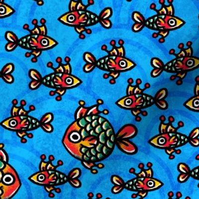 Traditional Fish Nautical Sailor Jerry Tattoos Bubbles Mid Century Modern - Blue Background
