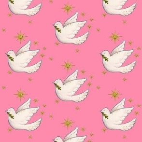  Dove print on pink background with gold stars , great for Christmas and Holiday sewing  and  decor 