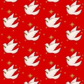 Christmas doves on red with gold stars 