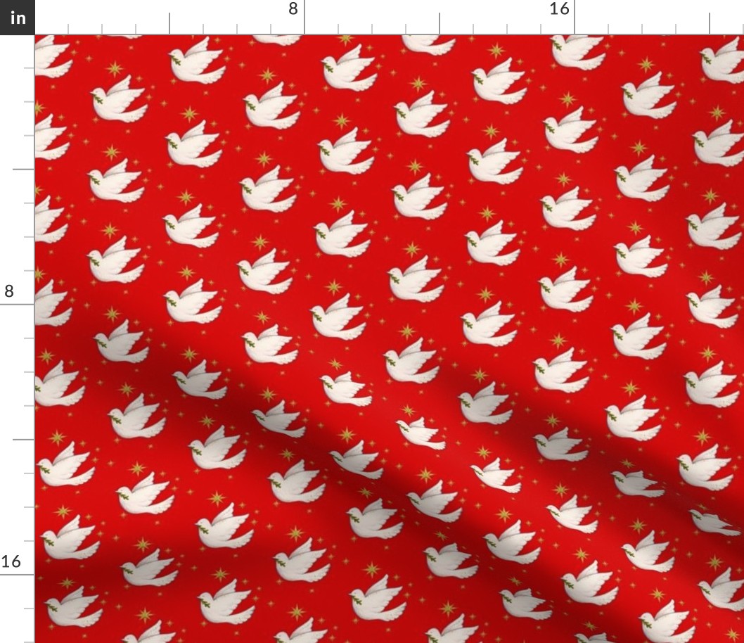 Christmas doves on red with gold stars 