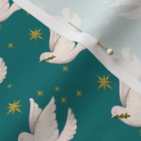 Christmas doves on pine green with gold stars 