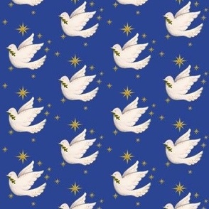 Christmas doves on blue with gold stars