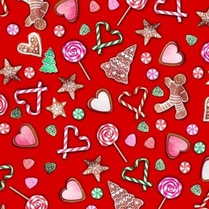 Ditsy candy and gingerbread on red with gingerbread cookies and candy cane hearts, peppermints and lollipops, hearts, stars and Christmas trees
