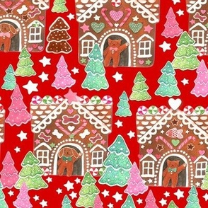 gingerbread houses with trees on red and cats and dogs
