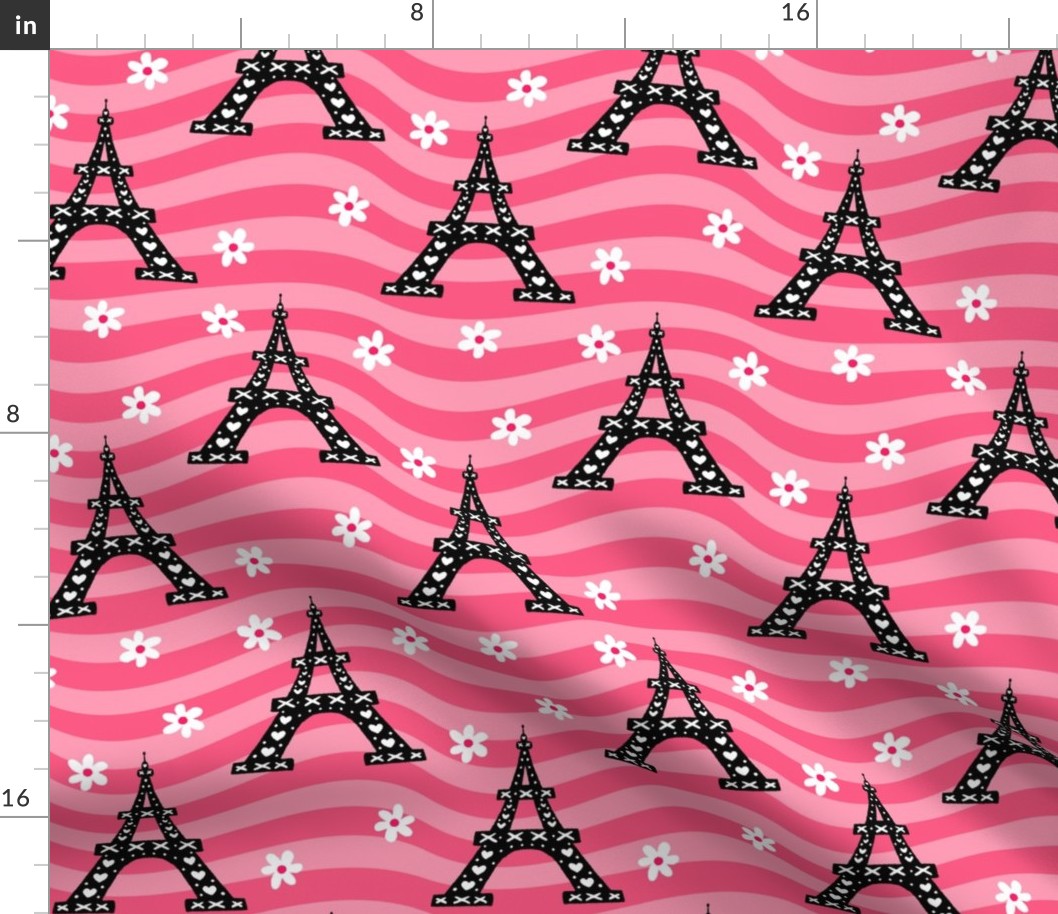 Eiffel Tower France Flower Power Pink Groovy Warped Stripes