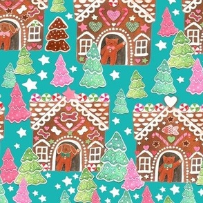 Barkitecture gingerbread houses with trees on midnight blue