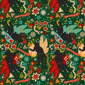 (Medium Scaled Down) Krampus Christmas Demon Maximalist Aesthetic Pattern On Dark Green Background