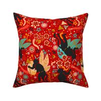(Medium Scaled Down) Krampus Christmas Demon Maximalist Aesthetic Pattern On Red Background